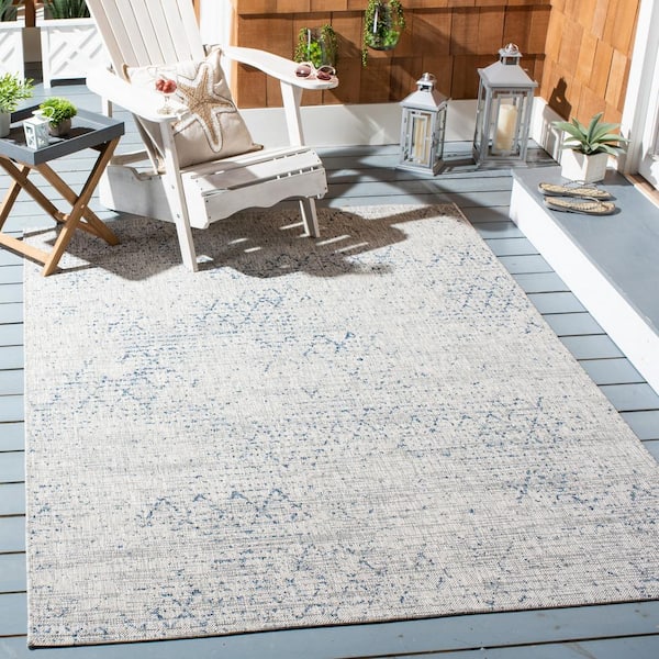 Courtyard Gray/Navy 5 ft. x 8 ft. Distressed Indoor/Outdoor Patio  Area Rug