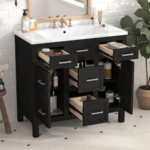 36 in. W Single Sink Bath Vanity in Black with White Resin Top, Bathroom Storage Cabinet with 4-Drawers