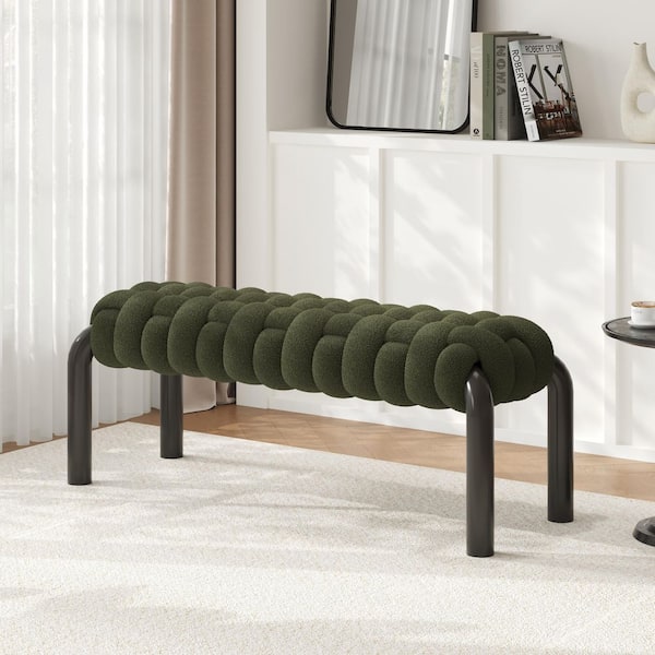 Corvyn Modern 41 in. Olive Green Teddy Braided Fabric Upholstered Entryway Bedroom Bench with Black Metal Legs