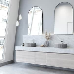 Windsor Gray Concreto Stone Round Fluted Bathroom Vessel Sink with Ashford Vessel Faucet and Pop-Up Drain in Chrome