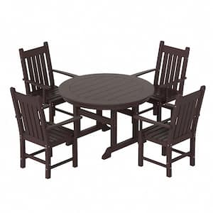 Hayes 5-Piece HDPE Plastic All Weather Outdoor Patio Round Trestle Table Dining Set with Arm Chairs in Dark Brown