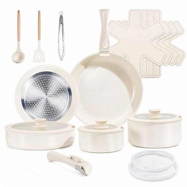 19-Piece Ceramic Cookware Set with Detachable Handles, Nonstick Pots, Induction Dishwasher and Oven Safe, Cream White