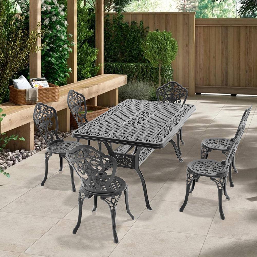 Black 7-Piece of Cast Aluminum Outdoor Patio Dining Set with 59.06 in. x 35.43 in. Rectangular Table and Armless Chairs