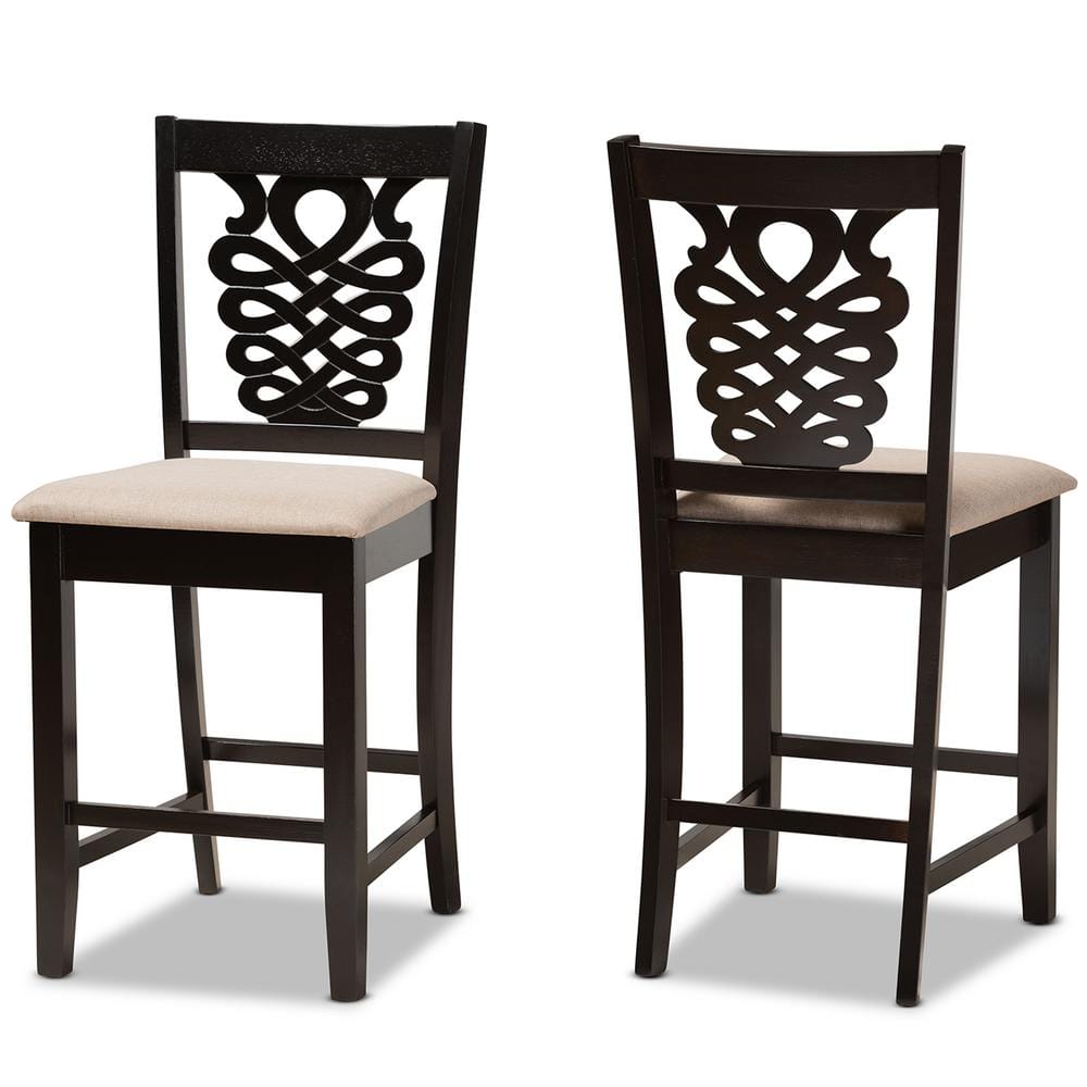 Gervais Transitional Beige Fabric and Dark Brown Wood Counter Stool Set