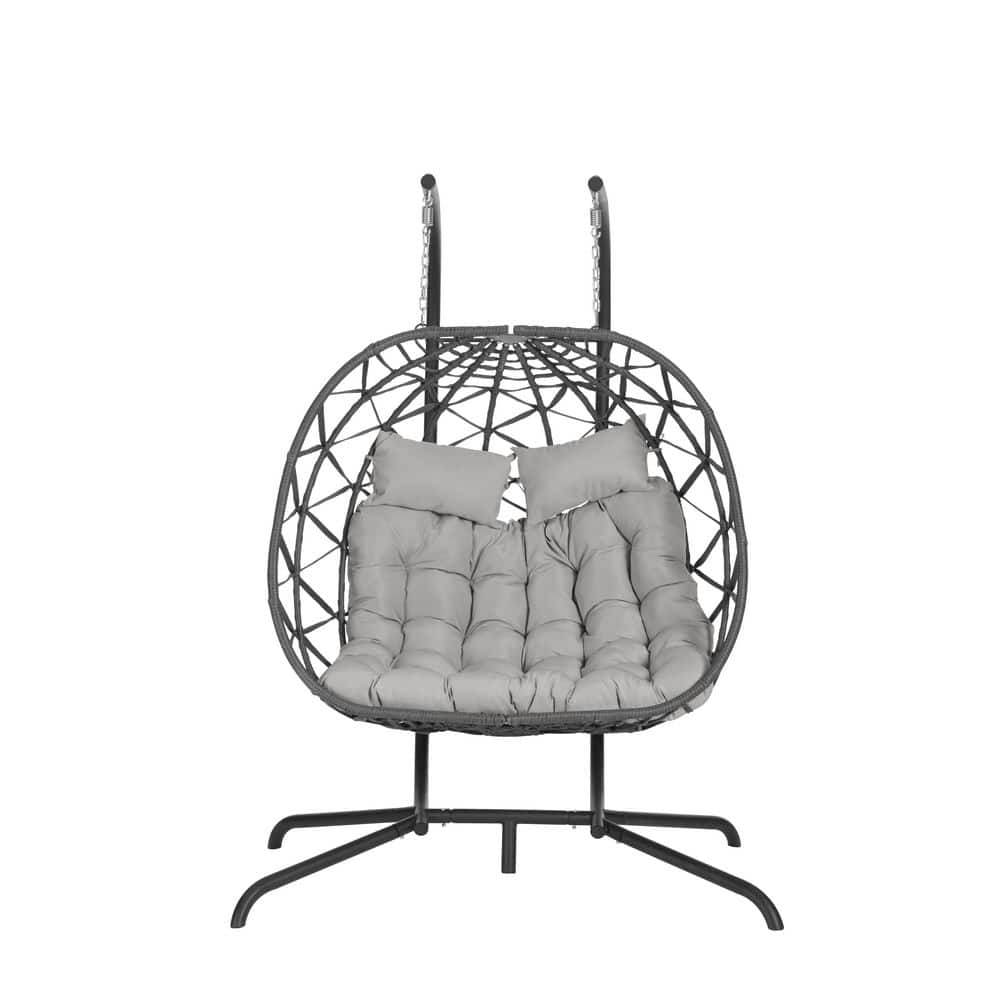 Hanging Outdoor Double Dark Gray Wicker Rattan Porch Swing Egg Chair with L
