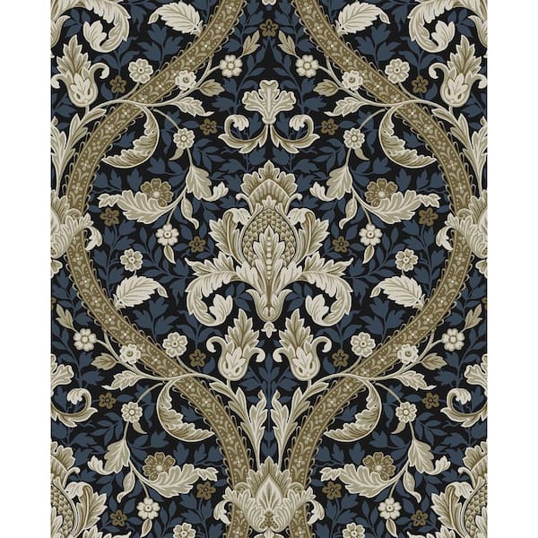 NextWall 31.35 sq. ft. Blue and Natural Acanthus Ogee Vinyl Peel and Stick Wallpaper Roll