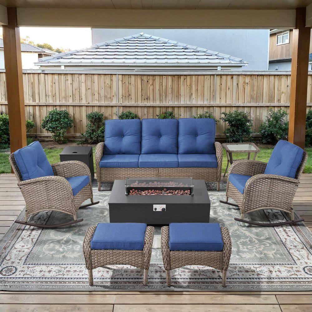 Gray 7-Piece Wicker Patio Fire Pit Set, Outdoor Sofa Seating Set with Olefin Navy Blue Cushions and Rocking Chairs price history on PriceWatchPro