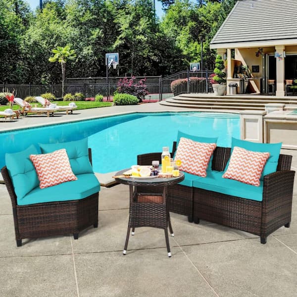 Kadehome 4-Piece Outdoor Wicker Rattan Patio Conversation Set with Cushion in Turquoise
