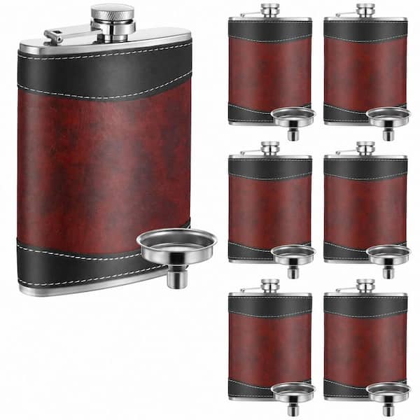 6-Pack 8 oz Leather-Wrapped Stainless Steel Hip Flask with Funnel, Leak-Proof Liquor Flask Set, Brown
