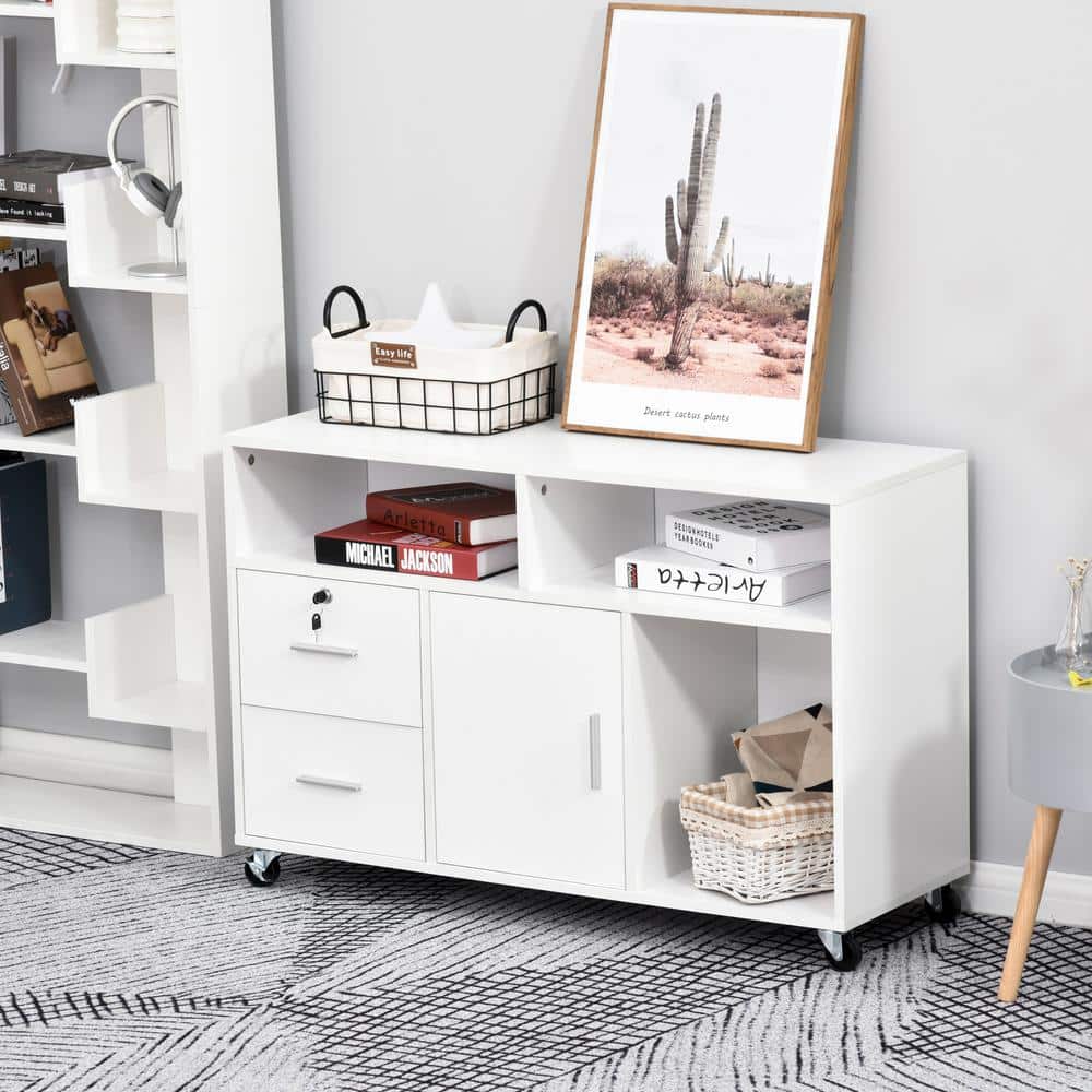 White Mobile Office Cabinet with Drawers and Shelves