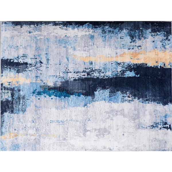Zara Contemporary Blue-Gray/Yellow 4 ft. x 6 ft. Washable Super Soft with Abstract Design Area Rug