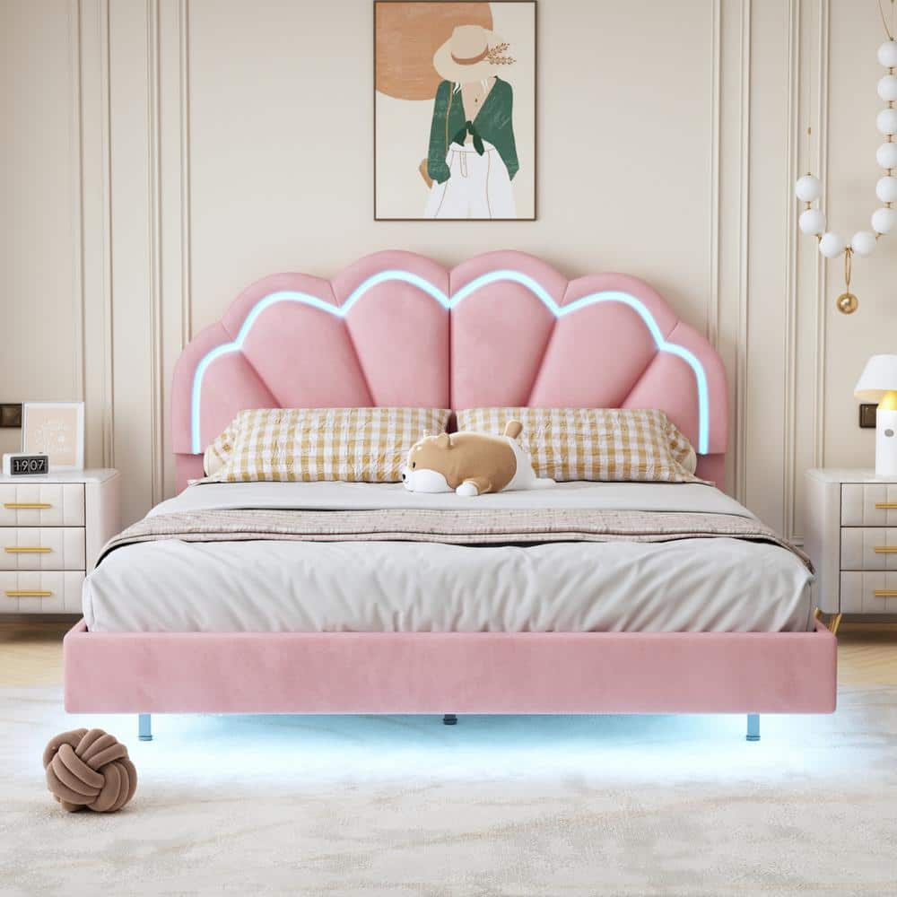 Pink Wood Frame Velvet Queen Platform Bed with LED Flowers Velvet ...