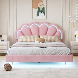 Pink Wood Frame Velvet Queen Platform Bed with LED Flowers Velvet Headboard Wooden Slats Upholstered Bed Frame