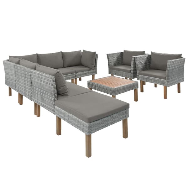 Afoxsos Light Gray 9-Piece PE Wicker Patio Outdoor Sectional Set with Gray Cushions Wood Legs Armrest Chairs and Coffee Table