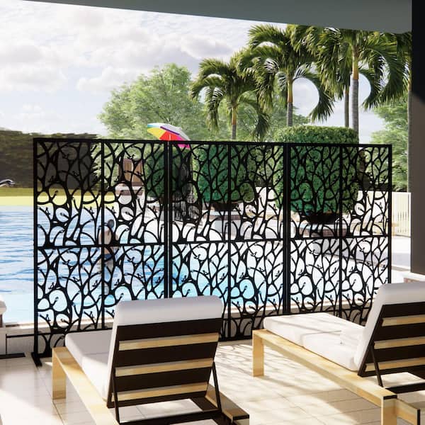 72 in. Black Iron Privacy Screen, Freestanding Bird Design for Patio Balcony Garden Room Divider Indoor Outdoor