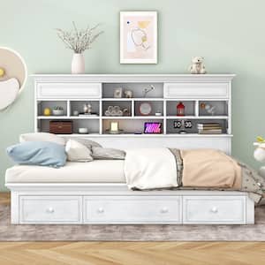 Multi-Functional White Twin Size Wood Daybed with Storage Shelves, Compartments, 3-Drawers, USB/Wireless Charging
