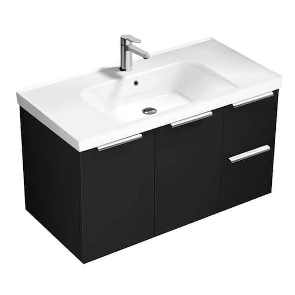 Frame 35.4 in. Modern Freestanding Bath Vanity in Matte Black with White Ceramic Top