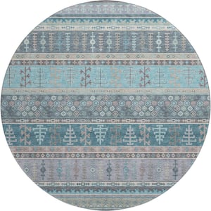 Mayfield Premium Machine Washable Abstract AMF2160 Teal 8 ft. x 8 ft. Round Rug