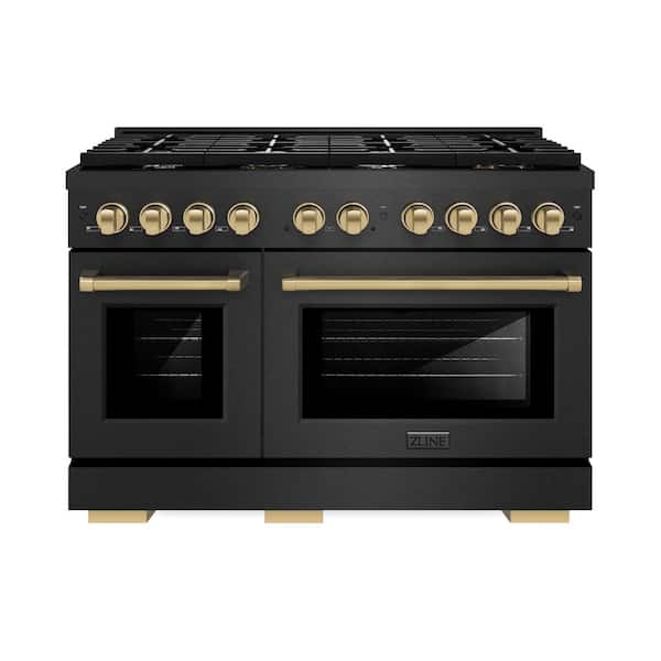 Autograph 48 in. 6.7 cu. ft. Paramount Dual Fuel Range with 8 Burner Gas Cooktop in Black Satin and Champagne Accents