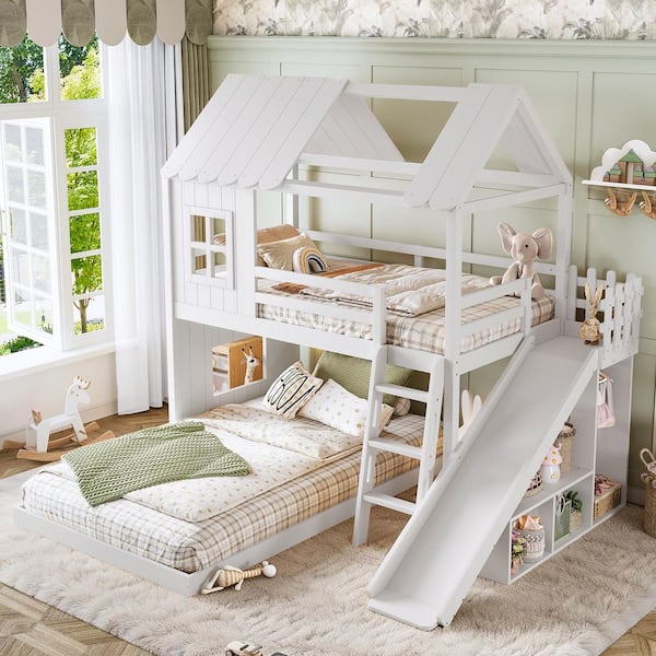 Light White Twin Over Full Bunk Bed with Ladders and Slides,Storage Shelves and Wardrobe