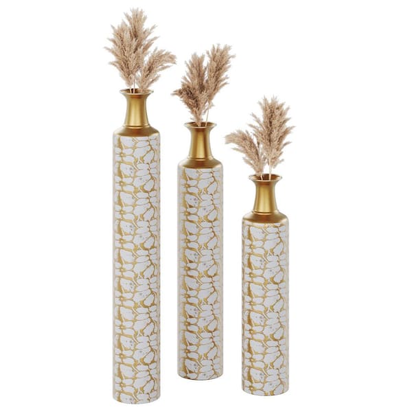 Angel Sar 3-Piece Floor Vases with 24 in. /28 in. /32 in. White and Gold Metal Cylinder Decorative Vase for Living Room