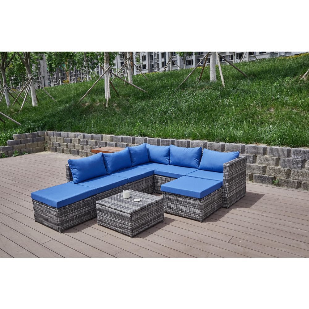 8-Piece Gray Wicker Outdoor Sectional Seating Set with Blue Cushions, 7-Seat Outdoor Sofa Set, Patio Furniture Set price history on PriceWatchPro