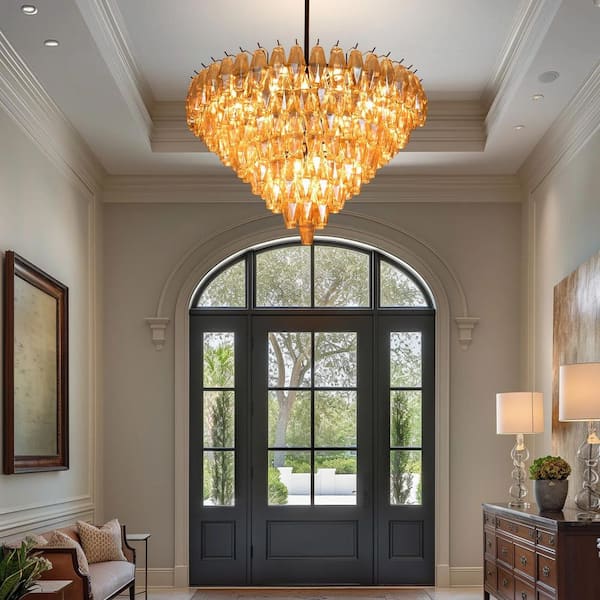 36 in. Large Dining Room Chandelier, 20 Lights Clear Amber Glass Tiered Chandelier, Black Round Chandelier, for Bedroom
