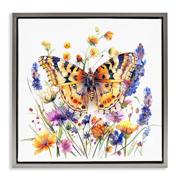 Garden Flowers & Butterfly by LSR Design Studio Gray Floater Frame Animal Graphic Art Print 18 in. x 18 in.