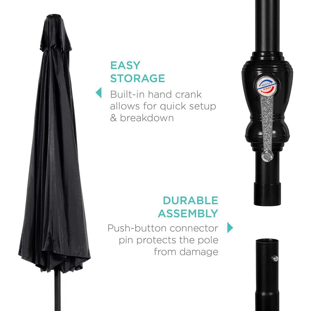 10ft Black Powder-Coated Steel Outdoor Patio Umbrella with Crank