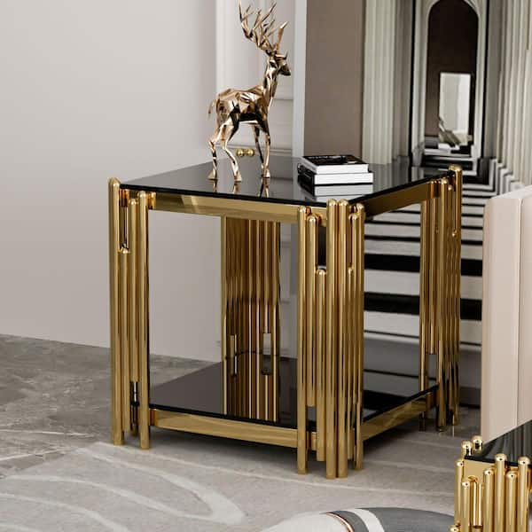 20 in. Black Square Glass Coffee Table with Tempered Glass and Stainless Steel Legs, 2-Tier Center Table for Living Room