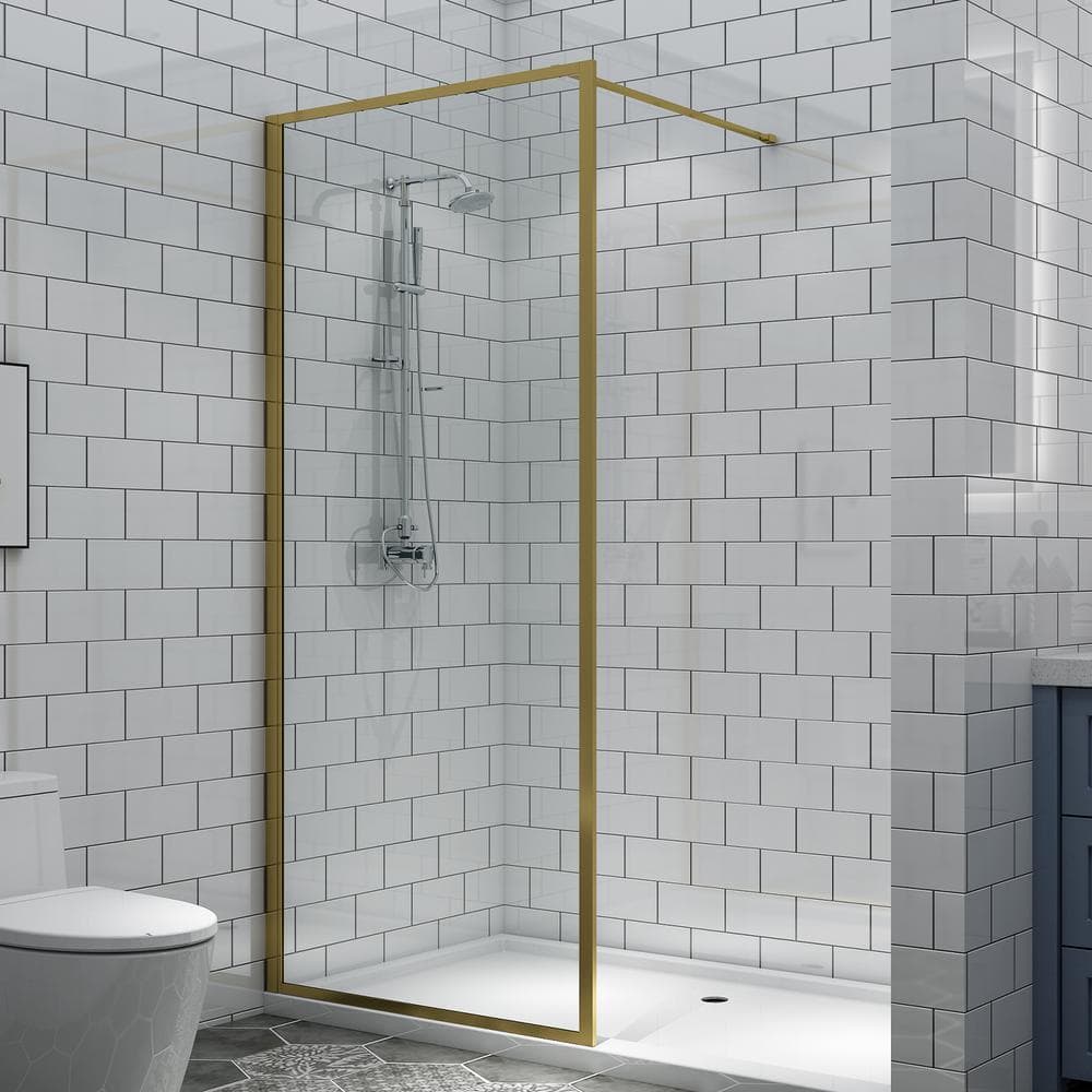 TOOLKISS 34 in. W x 74 in. H Fixed Framed Shower Door in Gold with