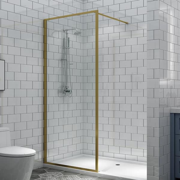 TOOLKISS 34 in. W x 74 in. H Fixed Framed Shower Door in Gold with Clear Glass