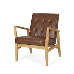 Cordell Cognac Brown and Walnut Faux Leather Wood Frame Club Chair