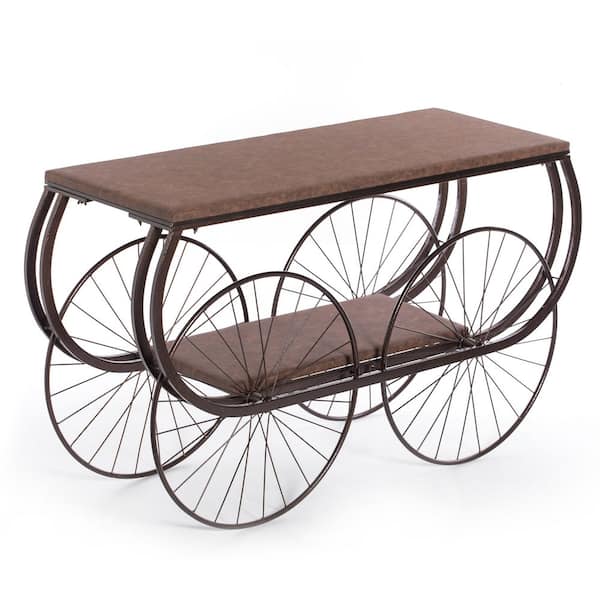 Wagon Style 51 in. L Black Rectangle Wood Top Console Table with Large Metal Wheels & Lower Storage Shelf