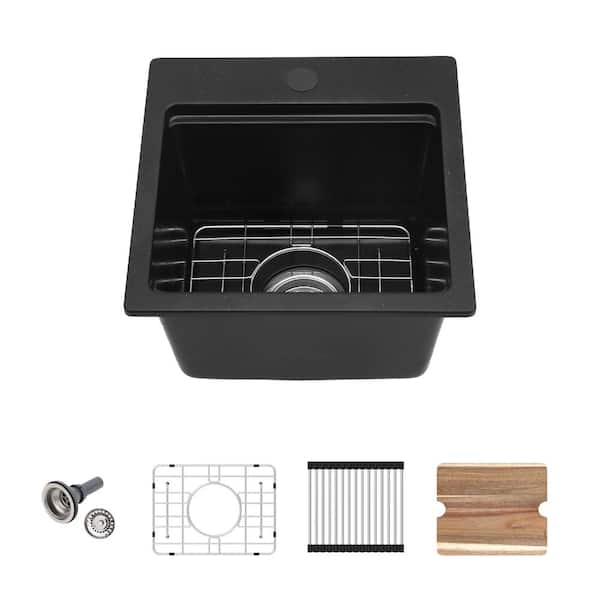 15 in. Undermount Workstation Bar Kitchen Sink in Single Bowl Black Granite Quartz Composite with Accessories