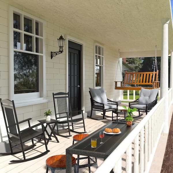 Dark Grey Wicker Outdoor Rocking Chair Set with Grey Cushions, 2-Chairs and 1-Table