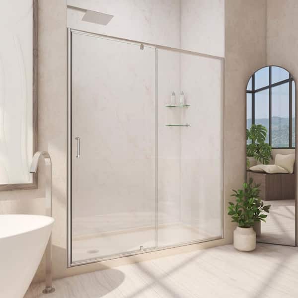 DreamLine Flex 60 in. x 72 in. Semi-Frameless Pivot Shower Door in Brushed Nickel Finish with 60 in. x 32 in. Base in Biscuit