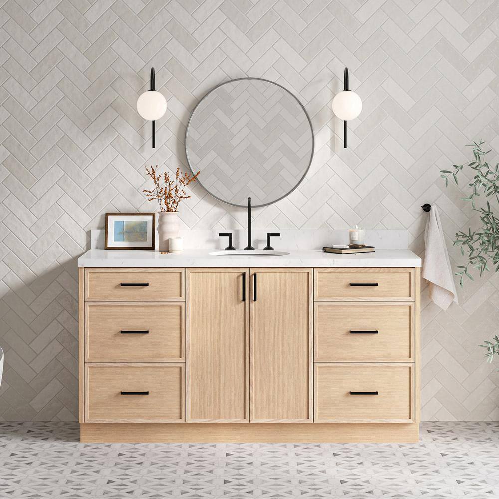 Kelly 66" Light Oak Single Vanity with Carrara Quartz Top
