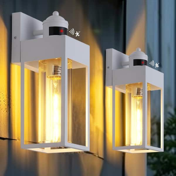 13.2 in. White Motion Sensing Modern Porch Lights Outdoor Hardwired Wall Lantern Sconce with No Bulbs Included (2-Pack)