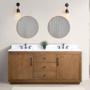 72 in. W x 21.5 in. D x 34 in. H Double Sink Bathroom Vanity in Tan with Arabescato White Engineered Marble Top