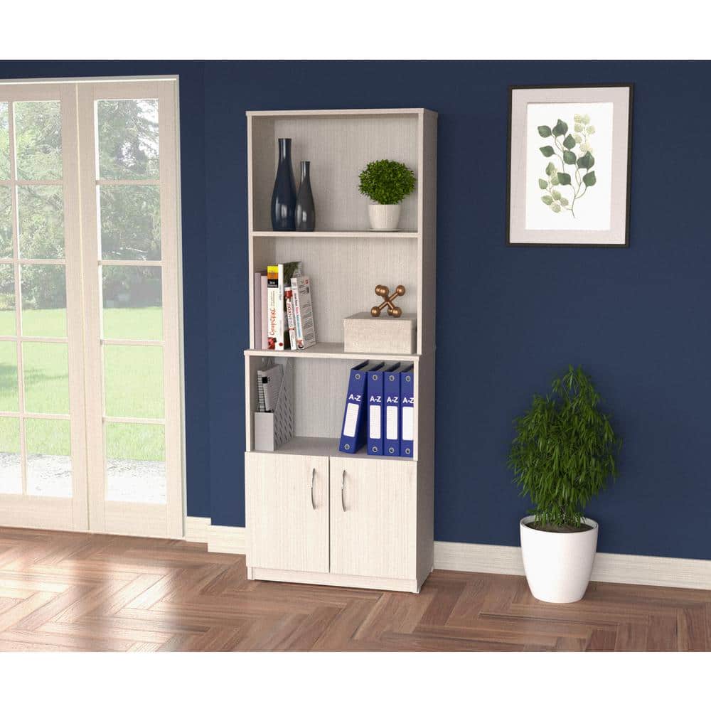 White Oak Adjustable Bookshelf with Cabinet and Metal Handles