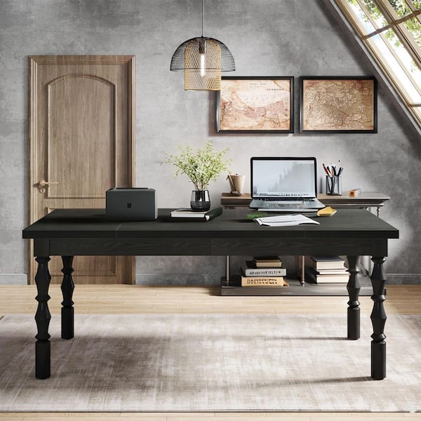 BYBLIGHT Capen 62.2 in. Rectangle Black Wood Executive Office Desk, Farmhouse Computer Desk with Carved Turned Legs Home Office