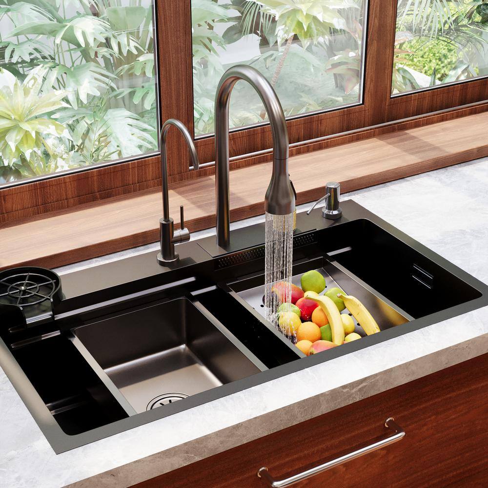 32" Black Stainless Steel Drop-In Single Bowl Kitchen Sink Workstation