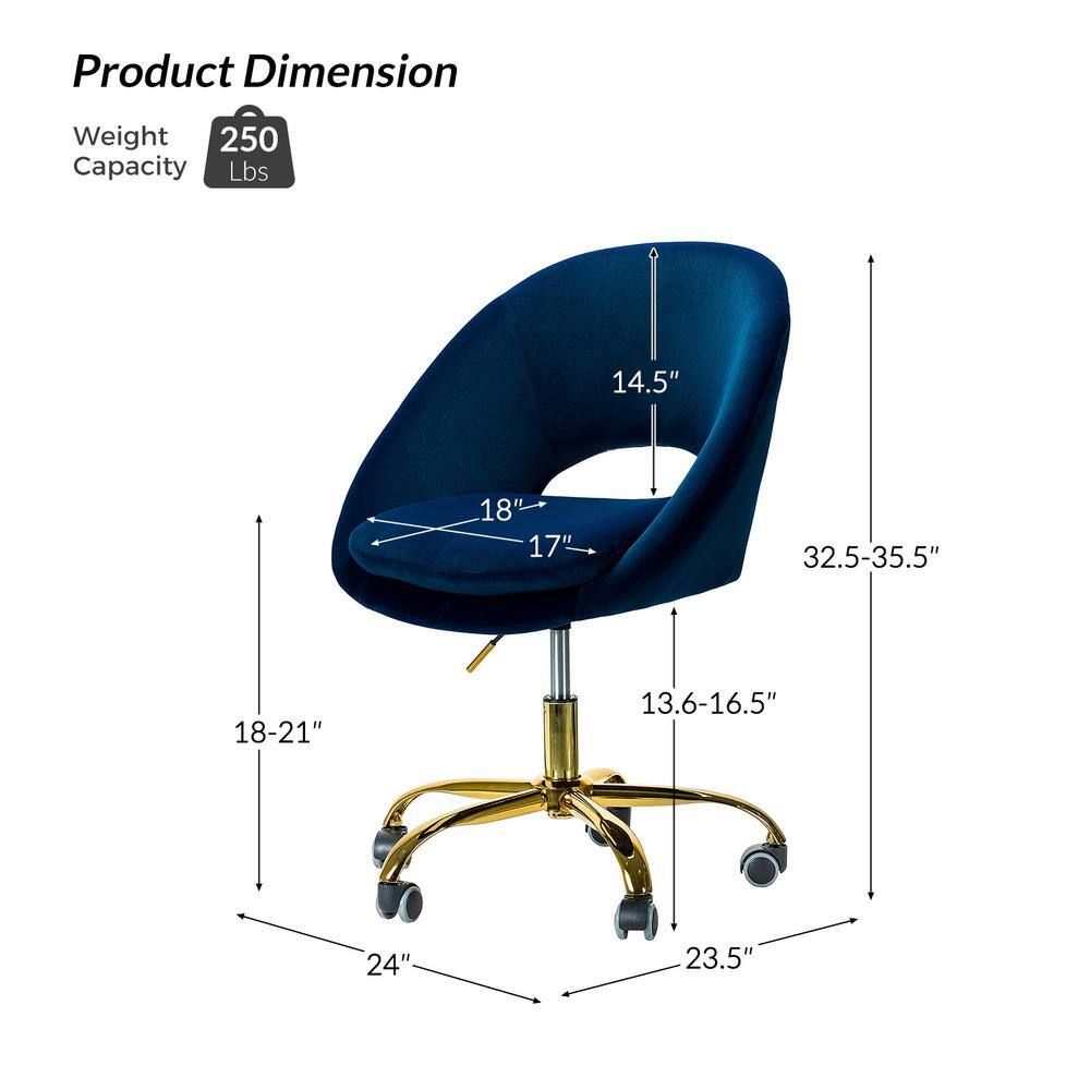 Ergonomic Navy Velvet Swivel Task Chair with Gold Metal Base