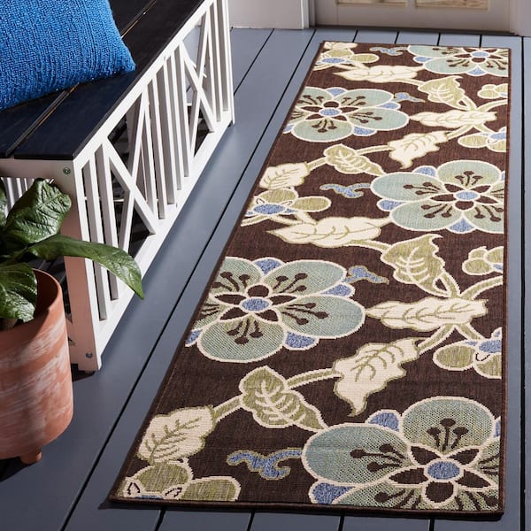 Veranda Chocolate/Aqua 2 ft. x 8 ft. Oversized Floral Indoor/Outdoor Runner Rug