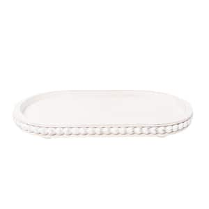 15 in. Oval Tray for Home Decor White Wood Beaded Decorative Serving Tray for Vintage Centerpiece and Kitchen Counter