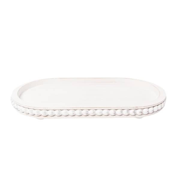 Afoxsos 15 in. Oval Tray for Home Decor White Wood Beaded Decorative Serving Tray for Vintage Centerpiece and Kitchen Counter