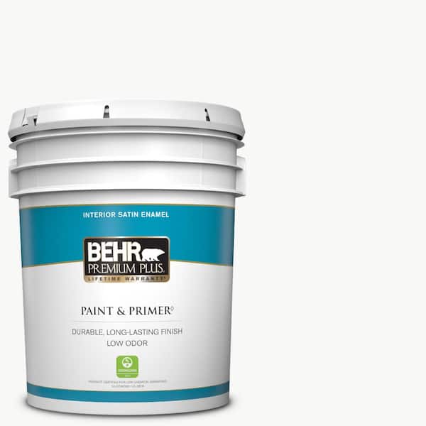 BEHR PREMIUM PLUS 5 gal. Ultra Pure White Satin Enamel Low Odor Interior Paint & Primer