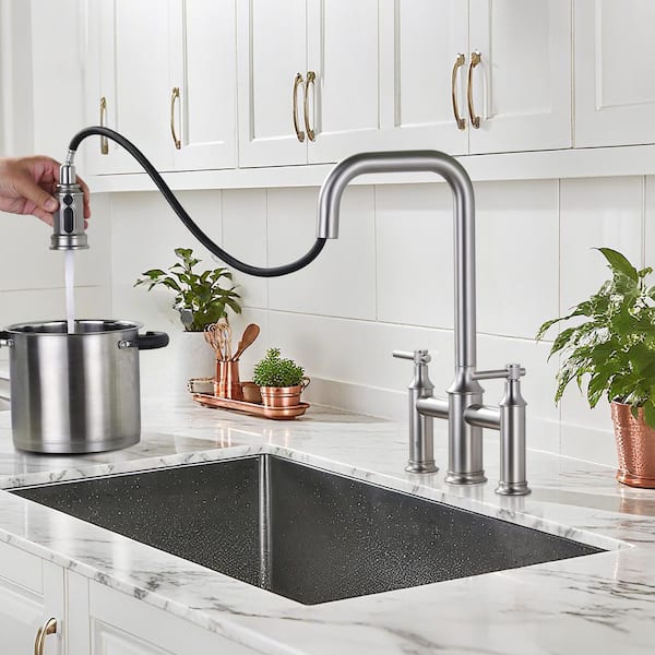 Double Handle Bridge Kitchen Faucet with Advanced Spray in Brushed Nickel