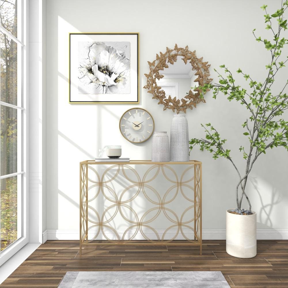 Harper Gold 42" Mirrored Metal Console Table with Quatrefoil Design